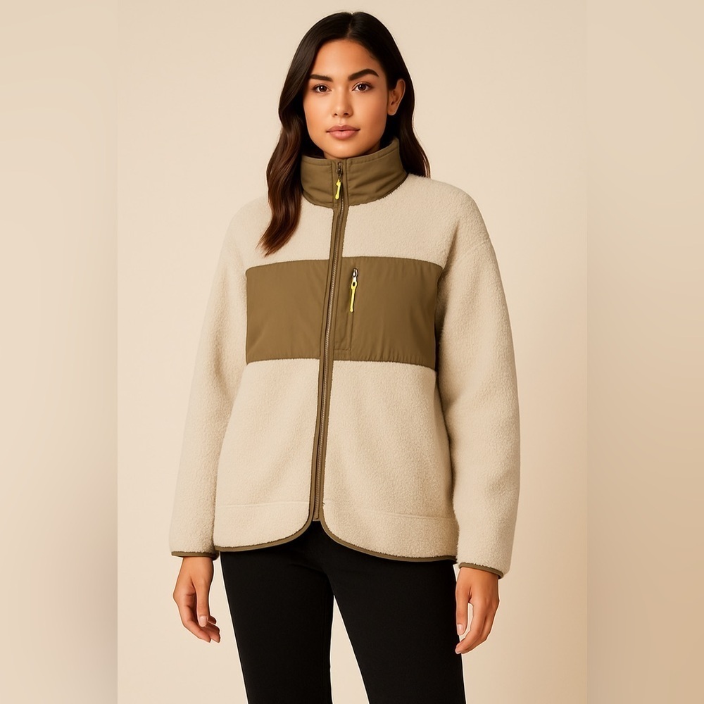 H&M Sherpa Fleece Jacket with Nylon Panel & Neon Zipper Pull – Size L